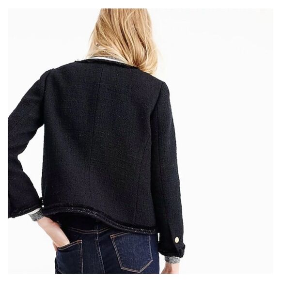 J. Crew Women’s Black Cropped Lady Tweed Jacket Gold Buttons Fringe Trim Pockets - Picture 5 of 15
